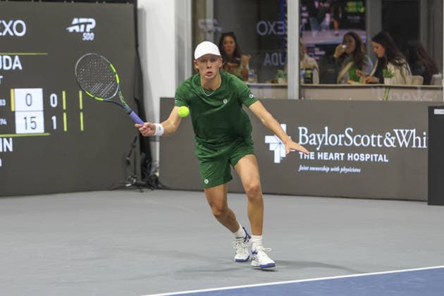 FRISCO, TX - FEBRUARY 11: Ethan Quinn (USA) hits a forehand during the Nexo Dallas Open on February 11, 2026 at Ford Center at The Star in Frisco, TX. (Photo by George Walker Icon Sportswire) TENNIS: FEB 11 Dallas Open EDITORIAL USE ONLY Icon26021106