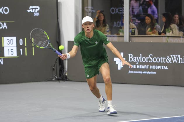 FRISCO, TX - FEBRUARY 11: Ethan Quinn (USA) hits a forehand during the Nexo Dallas Open on February 11, 2026 at Ford Center at The Star in Frisco, TX. (Photo by George Walker Icon Sportswire) TENNIS: FEB 11 Dallas Open EDITORIAL USE ONLY Icon26021107