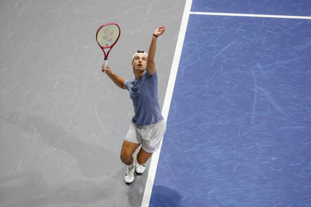 FRISCO, TX - FEBRUARY 11: Trevor Svajda (USA) serves during the Nexo Dallas Open on February 11, 2026 at Ford Center at The Star in Frisco, TX. (Photo by George Walker Icon Sportswire) TENNIS: FEB 11 Dallas Open EDITORIAL USE ONLY Icon26021110