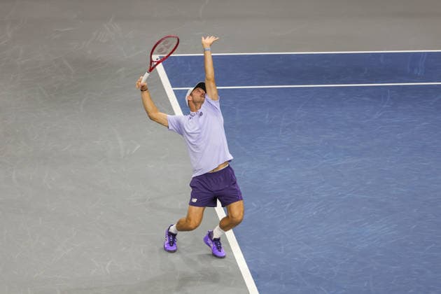FRISCO, TX - FEBRUARY 11: Tommy Paul (USA) serves during the Nexo Dallas Open on February 11, 2026 at Ford Center at The Star in Frisco, TX. (Photo by George Walker Icon Sportswire) TENNIS: FEB 11 Dallas Open EDITORIAL USE ONLY Icon26021112