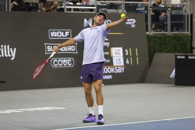 FRISCO, TX - FEBRUARY 11: Tommy Paul (USA) serves during the Nexo Dallas Open on February 11, 2026 at Ford Center at The Star in Frisco, TX. (Photo by George Walker Icon Sportswire) TENNIS: FEB 11 Dallas Open EDITORIAL USE ONLY Icon26021115