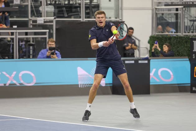 FRISCO, TX - FEBRUARY 11: Jenson Brooksby (USA) hits a backhand during the Nexo Dallas Open on February 11, 2026 at Ford Center at The Star in Frisco, TX. (Photo by George Walker Icon Sportswire) TENNIS: FEB 11 Dallas Open EDITORIAL USE ONLY Icon26021116