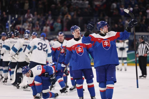 (260212) -- MILAN, Feb. 12, 2026 -- Players of Slovakia celebrate victory after the Ice hockey, Eishockey men s preliminary round group B match between Finland and Slovakia at the Milan-Cortina 2026 Olympic Winter games, Winterspiele,Spiele, Summer games in Milan, Italy, Feb. 11, 2026. ) (MICO2026)ITALY-MILAN-OLYMPIC WINTER GAMES-ICE HOCKEY-MEN-PRELIMINARY-FIN VS SVK WangxKaiyan 