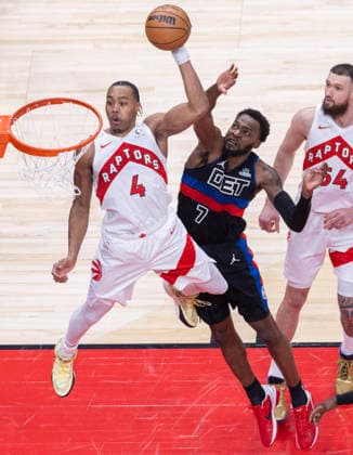 (260212) -- TORONTO, Feb. 12, 2026 -- Scottie Barnes (L) of Toronto Raptors dunks during the 2025-2026 NBA, Basketball Herren, USA regular season game between Toronto Raptors and Detroit Pistons in Toronto, Canada, Feb. 11, 2026. (Photo by Xinhua) (SP)CANADA-TORONTO-BASKETBALL-NBA-PISTONS VS RAPTORS ZouxZheng 