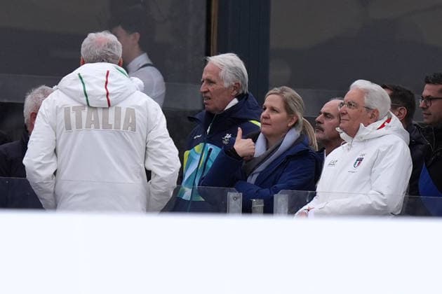 Italian President Sergio Mattarella with Giovanni MalagÃ² and Kirsty Coventry during an alpine ski, women s super-G race, at the 2026 Winter Olympics, in Cortina d Ampezzo, Italy, Thursday, Feb. 12, 2026 (Photo Spada LaPresse)  Copyright: xSpada LaPressex