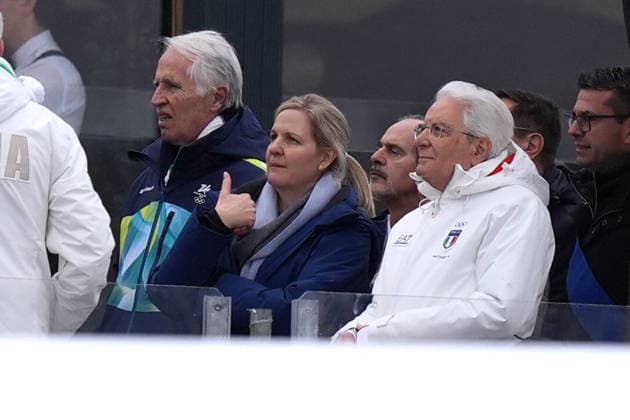 Italian President Sergio Mattarella with Giovanni MalagÃ² and Kirsty Coventry during an alpine ski, women s super-G race, at the 2026 Winter Olympics, in Cortina d Ampezzo, Italy, Thursday, Feb. 12, 2026 (Photo Spada LaPresse)  Copyright: xSpada LaPressex