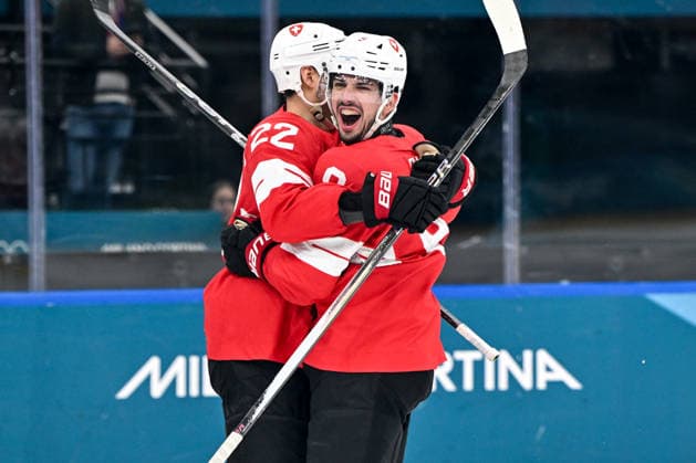 MILAN, ITALY - FEBRUARY 12: Damien Riat of Switzerland R) celebrate his goal with Nino Niederreiter of Switzerland L) on day six of the Milano Cortina 2026 Winter Olympic Games, Olympische Spiele, Olympia, OS at Milano Santagiulia Ice hockey, Eishockey Arena on February 12, 2026 in Milan, Italy. Milan Milano Rho Ice Hockey Arena Italy *** MILAN, ITALY FEBRUARY 12 Damien Riat of Switzerland R celebrate his goal with Nino Niederreiter of Switzerland L on day six of the Milano Cortina 2026 Winter Olympic games at Milano Santagiulia Ice Hockey Arena on February 12, 2026 in Milan, Italy Milan Milano Rho Ice Hockey Arena Italy Copyright: xJustPictures.ch AndreaxBrancax jp-en-EuSpIm-AB-AAB_543812022026