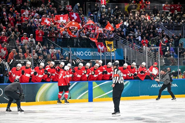 MILAN, ITALY - FEBRUARY 12: Damien Riat of Switzerland celebrate his goal in front of the swiss fans on day six of the Milano Cortina 2026 Winter Olympic Games, Olympische Spiele, Olympia, OS at Milano Santagiulia Ice hockey, Eishockey Arena on February 12, 2026 in Milan, Italy. Milan Milano Rho Ice Hockey Arena Italy *** MILAN, ITALY FEBRUARY 12 Damien Riat of Switzerland celebrate his goal in front of the swiss fans on day six of the Milano Cortina 2026 Winter Olympic games at Milano Santagiulia Ice Hockey Arena on February 12, 2026 in Milan, Italy Milan Milano Rho Ice Hockey Arena Italy Copyright: xJustPictures.ch AndreaxBrancax jp-en-EuSpIm-AB-AAB_552212022026
