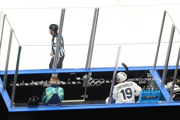 February 12, 2026, Milan, Lombardy, Italy: ENZO CANTAGALLO of France in the penalty box during the Men s Preliminary Round Group A game between Team Switzerland (SUI) and Team France (FRA) at the Milano Cortina 2026 Winter Olympic Games, Olympische Spiele, Olympia, OS USA won the game 5:1. Milan Italy - ZUMAc179 20260212_oly_c179_012 Copyright: xMickaelxChavetx