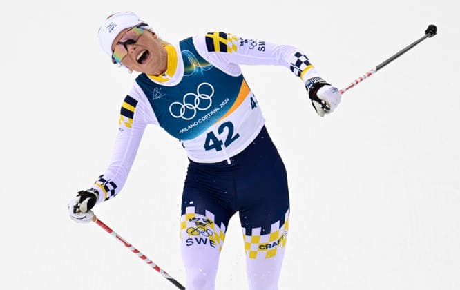 LKS 20260212 Frida Karlsson of Sweden at finish of women s Cross-Country Skiing 10km Freestyle event at the Milano Cortina Winter Olympics at the Tesero Cross Country Skiing Stadium on February 12, 2026. - MARKKU ULANDER Tesero Italy 6cpTlCQ6vWk  Copyright: xMarkkuxUlanderx 6cpTlCQ6vWk
