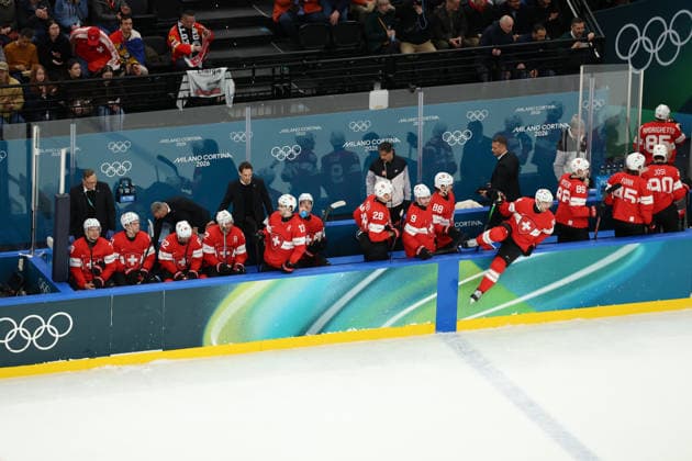 February 12, 2026, Milan, Lombardy, Italy: TEAM SWITZERLAND of whom headcoach PATRICK FISHER in the Men s Preliminary Round Group A game between Team Switzerland (SUI) and Team France (FRA) at the Milano Cortina 2026 Winter Olympic Games, Olympische Spiele, Olympia, OS Milan Italy - ZUMAc179 20260212_oly_c179_018 Copyright: xMickaelxChavetx