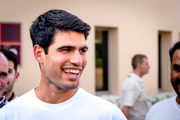 Tennis player Carlos Alcaraz during the Formula 1 pre season testing Bahrain day 2 at the Bahrain International Circuit for the Pre season testing 1 2026 season 2026 in SAKHIR, Bahrain on 13 february 2026, Photo by DeFodi Images