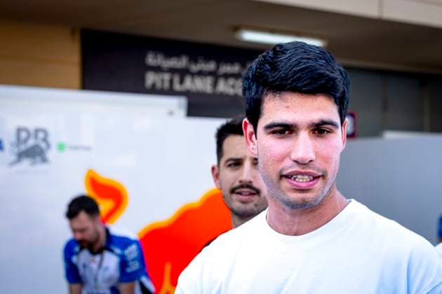 Tennis player Carlos Alcaraz during the Formula 1 pre season testing Bahrain day 2 at the Bahrain International Circuit for the Pre season testing 1 2026 season 2026 in SAKHIR, Bahrain on 13 february 2026, Photo by DeFodi Images