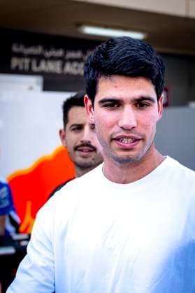 Tennis player Carlos Alcaraz during the Formula 1 pre season testing Bahrain day 2 at the Bahrain International Circuit for the Pre season testing 1 2026 season 2026 in SAKHIR, Bahrain on 13 february 2026, Photo by DeFodi Images