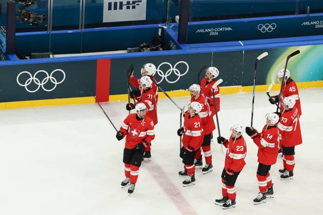 February 12, 2026, Milan, Lombardy, Italy: SWISS PLAYERS celebrate winning 4:0 against France in the Men s Preliminary Round Group A game between Team Switzerland (SUI) and Team France (FRA) at the Milano Cortina 2026 Winter Olympic Games, Olympische Spiele, Olympia, OS Olympics 2026: Milano Cortina: Ice hockey, Eishockey Men: SUI 4:0 FRA  - ZUMAc179 20260212_oly_c179_043 Copyright: xMickaelxChavetx