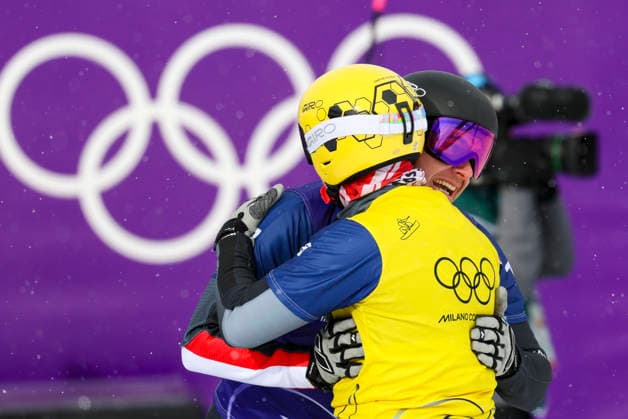 OLYMPICS - Winter Olympic Games, Olympische Spiele, Olympia, OS Milano Cortina 2026 LIVIGNO,ITALY,12.FEB.26 - OLYMPICS, SNOWBOARD - Winter Olympic Games Milano Cortina 2026, Snowboard Cross, men, final. Image shows Jakob Dusek (AUT) and Alessandro Haemmerle (AUT).  GEPAxpictures xHaraldxSteiner