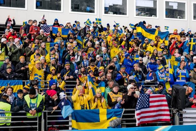 OLYMPICS - Winter Olympic Games, Olympische Spiele, Olympia, OS Milano Cortina 2026 TESERO,ITALY,12.FEB.26 - OLYMPICS, NORDIC SKIING, CROSS COUNTRY SKIING - Winter Olympic Games Milano Cortina 2026, 10km women, interval start free. Image shows fans of Sweden.  GEPAxpictures xMatthiasxTrinkl