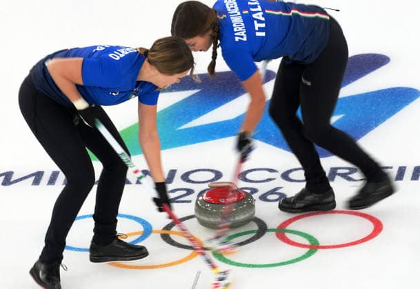 (260212) -- CORTINA D AMPEZZO, Feb. 12, 2026 -- Giulia Zardini Lacedelli (R) and Marta Lo Deserto of Italy compete during the curling women round robin session 1 match between Italy and Switzerland at the 2026 Milan-Cortina Winter Olympics in Cortina D Ampezzo, Italy, Feb. 12, 2026. ) (MICO2026)ITALY-CORTINA D AMPEZZO-OLYMPIC Winter games, Winterspiele,Spiele, Summer games CURLING-WOMEN-ROUND ROBIN-ITA VS SUI LixGang 