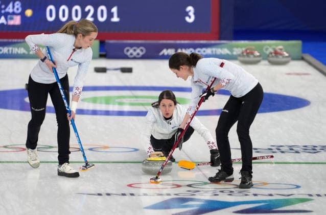 (260212) -- CORTINA D AMPEZZO, Feb. 12, 2026 -- Tabitha Peterson (C) of the United States competes during the curling women round robin session 1 match between the United States and South Korea at the 2026 Milan-Cortina Winter Olympics in Cortina D Ampezzo, Italy, Feb. 12, 2026. ) (MICO2026)ITALY-CORTINA D AMPEZZO-OLYMPIC Winter games, Winterspiele,Spiele, Summer games CURLING-WOMEN-ROUND ROBIN-USA VS KOR LixGang 