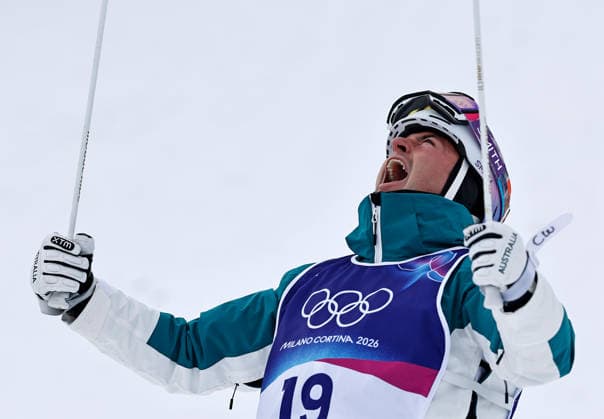 (260212) -- LIVIGNO, Feb. 12, 2026 -- Cooper Woods of Australia reacts after the freestyle skiing men s moguls final at the Milan-Cortina 2026 Olympic Winter games, Winterspiele,Spiele, Summer games in Livigno, Italy, Feb. 12, 2026. ) (MICO2026)ITALY-LIVIGNO-OLYMPIC WINTER GAMES-FREESTYLE SKIING MEN S MOGULS-FINAL WangxPeng 