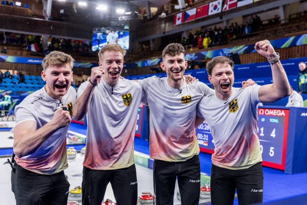 CORTINA, ITALY - FEBRUARY 12: Johannes Scheuerl (Germany), Felix Messenzehl (Germany), Benjamin Kapp (Germany), Marc Muskatewitz (Germany) cheer after winning the Curling Men Norway vs Germany - Round Robin Session 2 at the Milano Cortina 2026 Olympics at Cortina Curling Olympic Stadium on day 6 of the Milano Cortina 2026 Olympics on February 12, 2026 in Cortina, Italy. Editorial use only. Italy Copyright: xSteffiexWunderlx