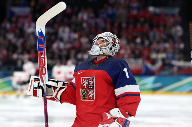 Milano Cortina 2026, Milan, Italy, 12.02, 2026, MiCo2026, MiCo, 2026, Olympics, Olympic, Winter Olympic, Olympic Winter games, Winterspiele,Spiele, Summer games Ice hockey, Eishockey Canada, Czechia Lukas Dostal of Czechia reacts during men™s Premilinary round Group A Ice Hockey match between Canada and Czechia teams of Milano Cortina 2026 Olympic Winter Games in Milan, Italy, 12.02.2026. Photo: Roman Koksarov (RKF) Milan Italy Copyright: xRomanxKoksarovx 0B4A1164.JPG