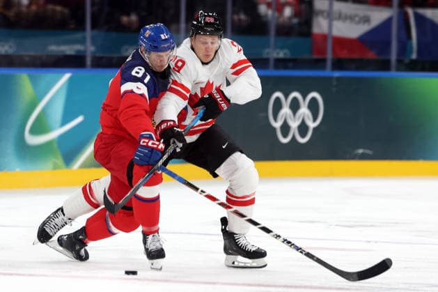 Milano Cortina 2026, Milan, Italy, 12.02, 2026, MiCo2026, MiCo, 2026, Olympics, Olympic, Winter Olympic, Olympic Winter games, Winterspiele,Spiele, Summer games Ice hockey, Eishockey Canada, Czechia Drew Doughty of Canada and Dominik Kubalik of Czechia in action during men™s Premilinary round Group A Ice Hockey match between Canada and Czechia teams of Milano Cortina 2026 Olympic Winter Games in Milan, Italy, 12.02.2026. Photo: Roman Koksarov (RKF) Milan Italy Copyright: xRomanxKoksarovx 0B4A1197.JPG