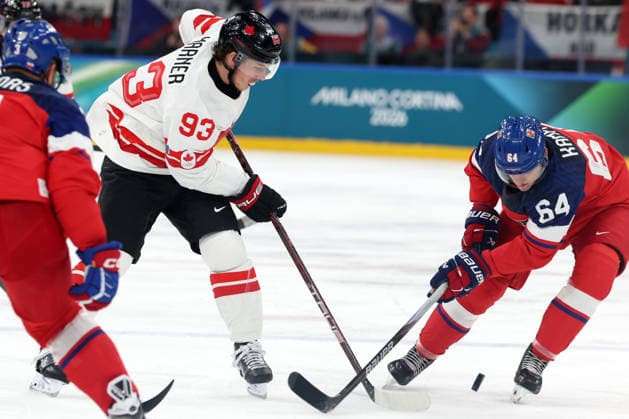 Milano Cortina 2026, Milan, Italy, 12.02, 2026, MiCo2026, MiCo, 2026, Olympics, Olympic, Winter Olympic, Olympic Winter games, Winterspiele,Spiele, Summer games Ice hockey, Eishockey Canada, Czechia Mitch Marner of Canada and David Kampf of Czechia in action during men™s Premilinary round Group A Ice Hockey match between Canada and Czechia teams of Milano Cortina 2026 Olympic Winter Games in Milan, Italy, 12.02.2026. Photo: Roman Koksarov (RKF) Milan Italy Copyright: xRomanxKoksarovx 0B4A1281.JPG