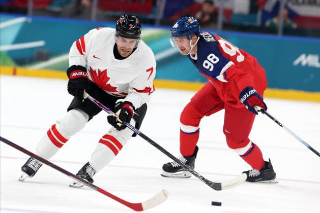 Milano Cortina 2026, Milan, Italy, 12.02, 2026, MiCo2026, MiCo, 2026, Olympics, Olympic, Winter Olympic, Olympic Winter games, Winterspiele,Spiele, Summer games Ice hockey, Eishockey Canada, Czechia Devon Toews of Canada and Martin Necas of Czechia in action during men™s Premilinary round Group A Ice Hockey match between Canada and Czechia teams of Milano Cortina 2026 Olympic Winter Games in Milan, Italy, 12.02.2026. Photo: Roman Koksarov (RKF) Milan Italy Copyright: xRomanxKoksarovx 0B4A1365.JPG