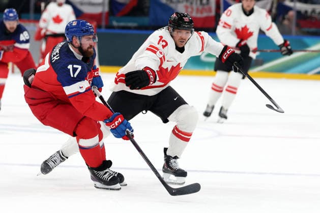 Milano Cortina 2026, Milan, Italy, 12.02, 2026, MiCo2026, MiCo, 2026, Olympics, Olympic, Winter Olympic, Olympic Winter games, Winterspiele,Spiele, Summer games Ice hockey, Eishockey Canada, Czechia Sam Reinhart of Canada and Filip Hronek of Czechia in action during men™s Premilinary round Group A Ice Hockey match between Canada and Czechia teams of Milano Cortina 2026 Olympic Winter Games in Milan, Italy, 12.02.2026. Photo: Roman Koksarov (RKF) Milan Italy Copyright: xRomanxKoksarovx 0B4A1453.JPG