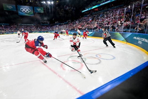MILAN, ITALY - FEBRUARY 12: Macklin Celebrini of Canada and Michal Kempny of Czechia in a battle for the puck on day six of the Milano Cortina 2026 Winter Olympic Games, Olympische Spiele, Olympia, OS at Milano Santagiulia Ice hockey, Eishockey Arena on February 12, 2026 in Milan, Italy. Milan Milano Rho Ice Hockey Arena Italy *** MILAN, ITALY FEBRUARY 12 Macklin Celebrini of Canada and Michal Kempny of Czechia in a battle for the puck on day six of the Milano Cortina 2026 Winter Olympic games at Milano Santagiulia Ice Hockey Arena on February 12, 2026 in Milan, Italy Milan Milano Rho Ice Hockey Arena Italy Copyright: xJustPictures.ch AndreaxBrancax jp-en-EuSpIm-AB-DSC_904212022026
