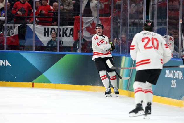 Milano Cortina 2026, Milan, Italy, 12.02, 2026, MiCo2026, MiCo, 2026, Olympics, Olympic, Winter Olympic, Olympic Winter games, Winterspiele,Spiele, Summer games Ice hockey, Eishockey Canada, Czechia Bo Horvat of Canada celebrates during men™s Premilinary round Group A Ice Hockey match between Canada and Czechia teams of Milano Cortina 2026 Olympic Winter Games in Milan, Italy, 12.02.2026. Photo: Roman Koksarov (RKF) Milan Italy Copyright: xRomanxKoksarovx 0B4A1577.JPG