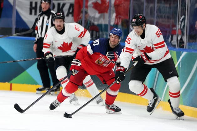 Milano Cortina 2026, Milan, Italy, 12.02, 2026, MiCo2026, MiCo, 2026, Olympics, Olympic, Winter Olympic, Olympic Winter games, Winterspiele,Spiele, Summer games Ice hockey, Eishockey Canada, Czechia Colton Parayko of Canada and Roman Cervenka of Czechia in action during men™s Premilinary round Group A Ice Hockey match between Canada and Czechia teams of Milano Cortina 2026 Olympic Winter Games in Milan, Italy, 12.02.2026. Photo: Roman Koksarov (RKF) Milan Italy Copyright: xRomanxKoksarovx 0B4A1599.JPG