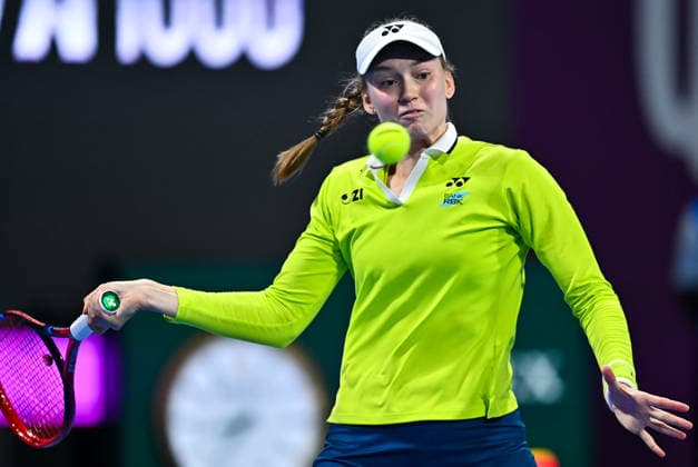 WTA, Tennis Damen QATAR OPEN 2026-QUARTERFINAL Elena Rybakina of Kazakhstan competes in her quarterfinal match against Victoria Mboko of Canada during the WTA Qatar TotalEnergies Open 2026 tennis tournament at the Khalifa International Tennis Complex in Doha, Qatar, on February 12, 2026. ¨ DOHA Qatar Copyright: xNOUSHADx