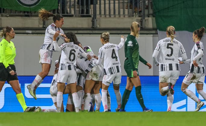 GER, Wolfsburg, VfL Wolfsburg vs Juventus Turin, WomenÂs Champions League, Football, UEFA, Season 2025 2026, AOK Arena, Playoffs, First leg in picture Amalie Vangsgaard Juventus Turin Women 14 , Goal, Cheers and joy, Emotions DFB DFL REGULATIONS PROHIBIT ANY USE OF PHOTOGRAPHS AS IMAGE SEQUENCES AND OR QUASI VIDEO, 12 02 2026 Copyright: HMBxMedia HendrikxHamelau