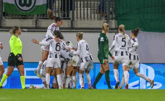 GER, Wolfsburg, VfL Wolfsburg vs Juventus Turin, WomenÂs Champions League, Football, UEFA, Season 2025 2026, AOK Arena, Playoffs, First leg in picture Amalie Vangsgaard Juventus Turin Women 14 , Goal, Cheers and joy, Emotions DFB DFL REGULATIONS PROHIBIT ANY USE OF PHOTOGRAPHS AS IMAGE SEQUENCES AND OR QUASI VIDEO, 12 02 2026 Copyright: HMBxMedia HendrikxHamelau