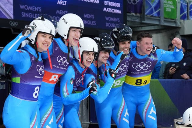 Italy s bronze medalists Verena Hofer, Simon Kainzwaldner, Marion Oberhofer, Andrea Voetter, Emanuel Rieder and Dominik Fischnaller during the Luge Team Relay at the Milano Cortina 2026 Winter Olympics, in Cortina (Italy) February 12, 2026 (Photo Davide Spada LaPresse)  Copyright: xDavidexSpada LaPressex