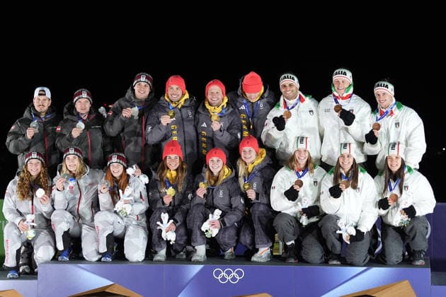 Italy s bronze medalists ,Germany s gold medalists , Austria s silver medalists podium during the Luge Team Relay at the Milano Cortina 2026 Winter Olympics, in Cortina (Italy) February 12, 2026 (Photo Davide Spada LaPresse)  Copyright: xDavidexSpada LaPressex