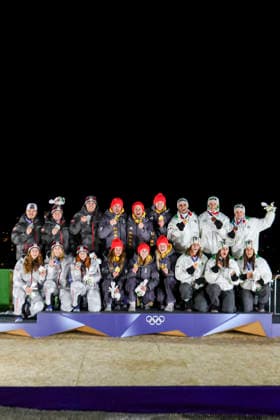 OLYMPICS - Winter Olympic Games, Olympische Spiele, Olympia, OS Milano Cortina 2026 CORTINA D AMPEZZO,ITALY,12.FEB.26 - OLYMPICS, LUGE - Winter Olympic Games Milano Cortina 2026, team relay, medal ceremony. Image shows Lisa Schulte, Thomas Steu, Wolfgang Kindl, Selinga Egle and Lara Michaela Kipp (AUT), Julia Taubitz, Tobias Wendl, Tobias Arlt, Max Langenhan, Dajana Eitberger and Magdalena Matschina (GER), Verena Hofer, Emanuel Rieder, Simon Kainzwaldner, Dominik Fischnaller, Andrea Voetter and Marion Oberhofer (ITA). Keywords: medal.  GEPAxpictures xMaticxKlansek