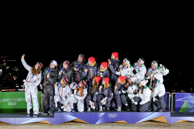 OLYMPICS - Winter Olympic Games, Olympische Spiele, Olympia, OS Milano Cortina 2026 CORTINA D AMPEZZO,ITALY,12.FEB.26 - OLYMPICS, LUGE - Winter Olympic Games Milano Cortina 2026, team relay, medal ceremony. Image shows Lisa Schulte, Thomas Steu, Wolfgang Kindl, Selinga Egle and Lara Michaela Kipp (AUT), Julia Taubitz, Tobias Wendl, Tobias Arlt, Max Langenhan, Dajana Eitberger and Magdalena Matschina (GER), Verena Hofer, Emanuel Rieder, Simon Kainzwaldner, Dominik Fischnaller, Andrea Voetter and Marion Oberhofer (ITA). Keywords: medal.  GEPAxpictures xMaticxKlansek