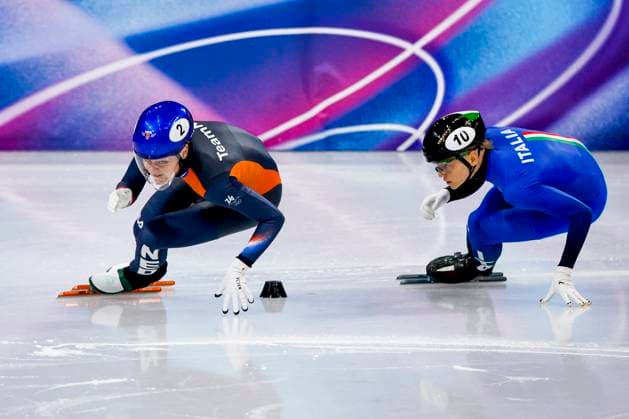 Xandra Velzeboer of the Netherlands and Arianna Fontana of Italy Women s 500m Quarterfinals, Milano Cortina 2026 Winter Olympics: Day 6, Short Track Speed skating, Eisschnelllauf - Milano Cortina 2026 Winter Olympics: Day 6, Milano Speed Skating Stadium, February 12, 2026, Milan, Italy.