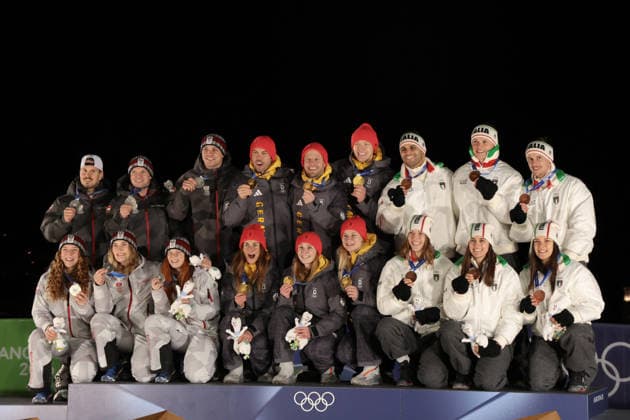 The podium during the Olympic Winter games, Winterspiele,Spiele, Summer games Milano-Cortina 2026, Luge Team Relay on February 12, 2026 at Cortina Sliding Centre in Cortina D Ampezzo  Copyright: xLucianoxMariaxBisi IPAxSportx xipa-agency.netx xx IPA_71390532 IPA_Agency_IPA71390532