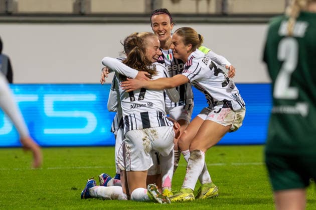 Germany, Football, UEFA, Womens Champions League, Play Offs 5 12 2025 2026 VfL Wolfsburg Juventus Turin on 12 02 in Wolfsburg AOK Stadion Goal to 0 2 Amalie Vangsgaard Juventus Turin 14 Goal celebration Copyright: xSvenxHeidmannx