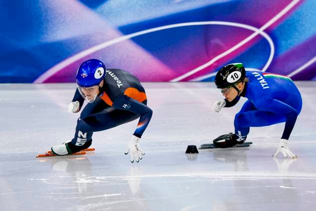 Xandra Velzeboer of the Netherlands and Arianna Fontana of Italy Women s 500m Quarterfinals, Milano Cortina 2026 Winter Olympics: Day 6, Short Track Speed skating, Eisschnelllauf - Milano Cortina 2026 Winter Olympics: Day 6, Milano Speed Skating Stadium, February 12, 2026, Milan, Italy.