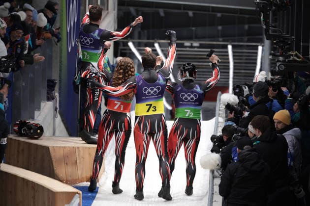 Austria team during the Olympic Winter games, Winterspiele,Spiele, Summer games Milano-Cortina 2026, Luge Team Relay on February 12, 2026 at Cortina Sliding Centre in Cortina D Ampezzo  Copyright: xLucianoxMariaxBisi IPAxSportx xipa-agency.netx xx IPA_71391241 IPA_Agency_IPA71391241
