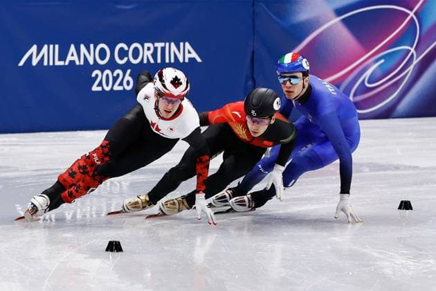MILAN , 12-02-2026 , Milano Ice Skating Arena , Olympic Winter games, Winterspiele,Spiele, Summer games 2026 - Short Track 500m ladies - 1000m men , Picture shows Felix Roussel, Shaoang Liu, Thomas Nadalini Olympic Winter Games 2026 - Short Track 500m ladies - 1000m men  x201531045x Copyright: