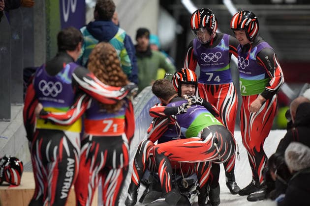 Austria s celebrates during the Luge Team Relay at the Milano Cortina 2026 Winter Olympics, in Cortina (Italy) February 12, 2026 (Photo Davide Spada LaPresse)  Copyright: xDavidexSpada LaPressex