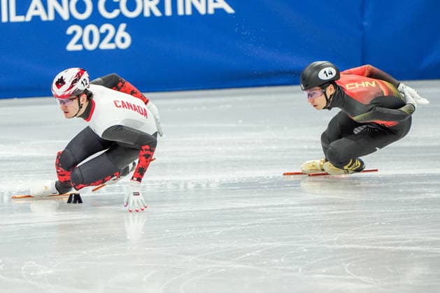 2026-02-12 - Milano Cortina 2026 Winter Olympics MILAN, ITALY - FEBRUARY 12: Felix Roussel of Canada, Shaoang Liu of China performing on the Short Track Speed skating, Eisschnelllauf Men s 1000m Quaterfinals during the Milano Cortina 2026 Winter Olympics at the Milano Ice Skating Arena on February 12, 2026 in Milan, Italy Milan Milano Ice Skating Arena Italy Content not available for redistribution in The Netherlands directly or indirectly through any third parties. Copyright: xAndrexWeeningx