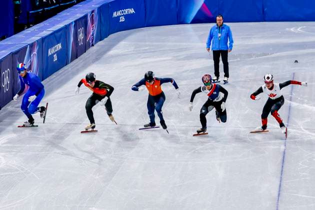 Felix Roussel of Canada and Daeheon Hwang of Republic of Korea and Teun Boer of the Netherlands and Shaoang Liu of China and Thomas Nadalini of Italy Men s 1000m Quarterfinals, Milano Cortina 2026 Winter Olympics: Day 6, Short Track Speed skating, Eisschnelllauf - Milano Cortina 2026 Winter Olympics: Day 6, Milano Speed Skating Stadium, February 12, 2026, Milan, Italy.