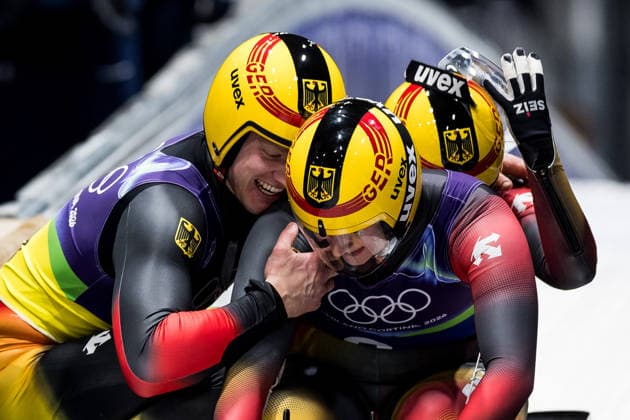 CORTINA, ITALY - FEBRUARY 12: Max Langenhan (Germany) hugs Dajana Eitberger Magdalena Matschina (Germany) after winning Gold during the Luge Team Relay at the Milano Cortina 2026 Olympics at Cortina Sliding Centre on day 6 of the Milano Cortina 2026 Olympics on February 12, 2026 in Cortina, Italy. Editorial use only. Italy Copyright: xSteffiexWunderlx